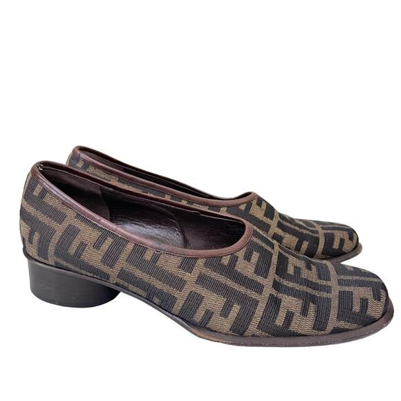 Fendi Brown FF Canvas Leather Slip On Block Heel Shoes Size 7.5 - Picture 3 of 6